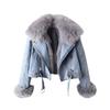 Women's Light Wash Denim Jacket with Fox Fur Collar and Belted Waist