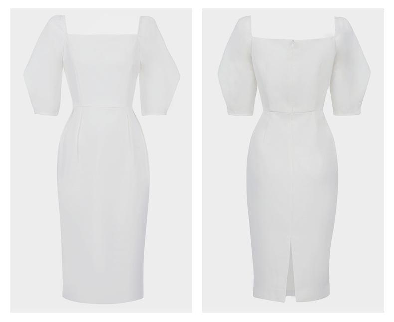 2020 French Socialite Style Square Neck Puff Sleeve High Waist Slimming White Evening Dress