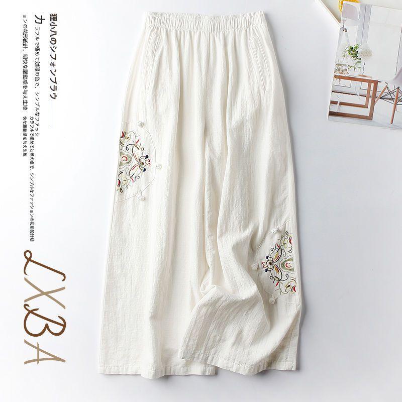 Cotton Linen Casual Spring Summer Thin Retro Ethnic Style Embroidered Wide-leg Versatile Nine-minute Pants