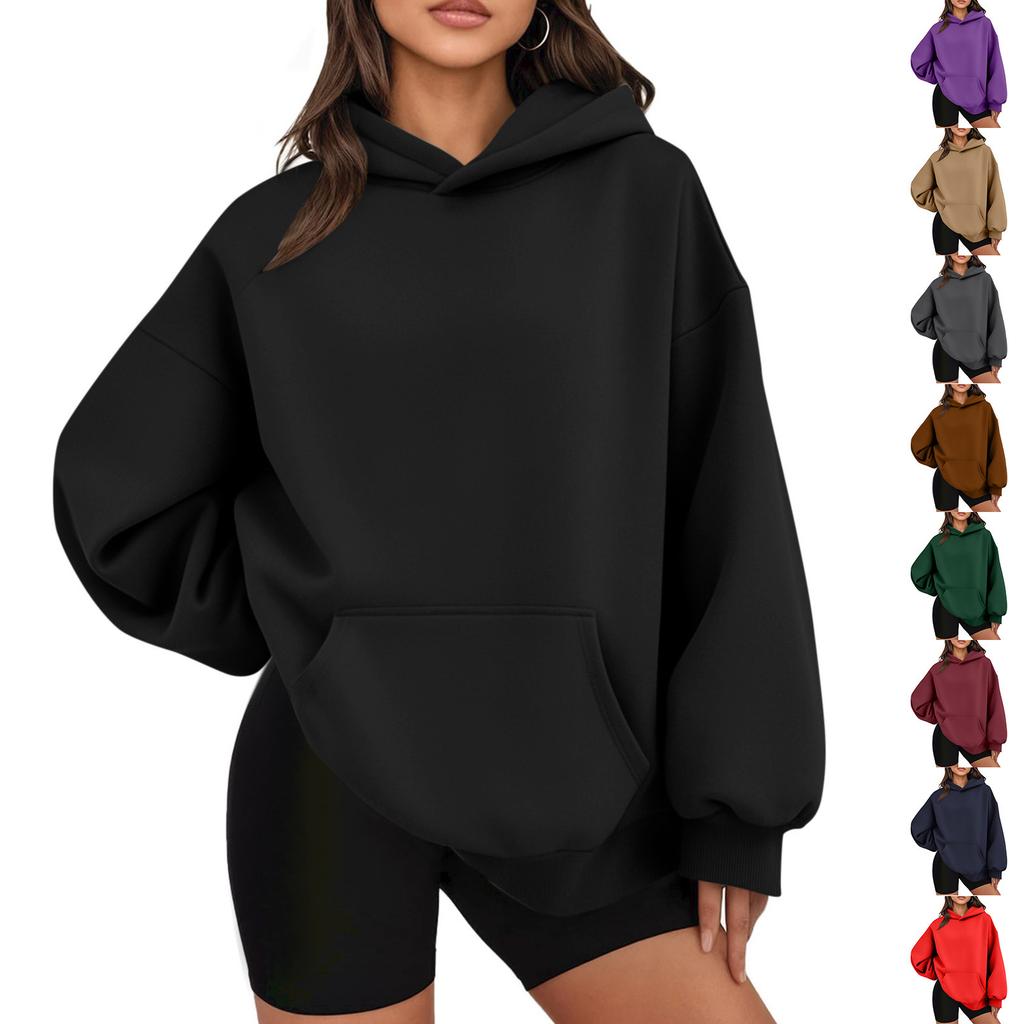 Women's  Fashion Zipper Hoodie Long Sleeve Hooded Pullover Sweatshirt Casual Solid Color Tops With Pockets
