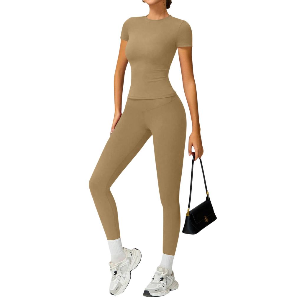 Women's Casual  Color Yoga Suit Short-Sleeve Pants Set