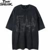 Streetwear Retro Washed Black Tshirt Castle Graphic Vintage Print Hip Hop Loose T Shirt Men Cotton TShirt Hipster Tops Tee