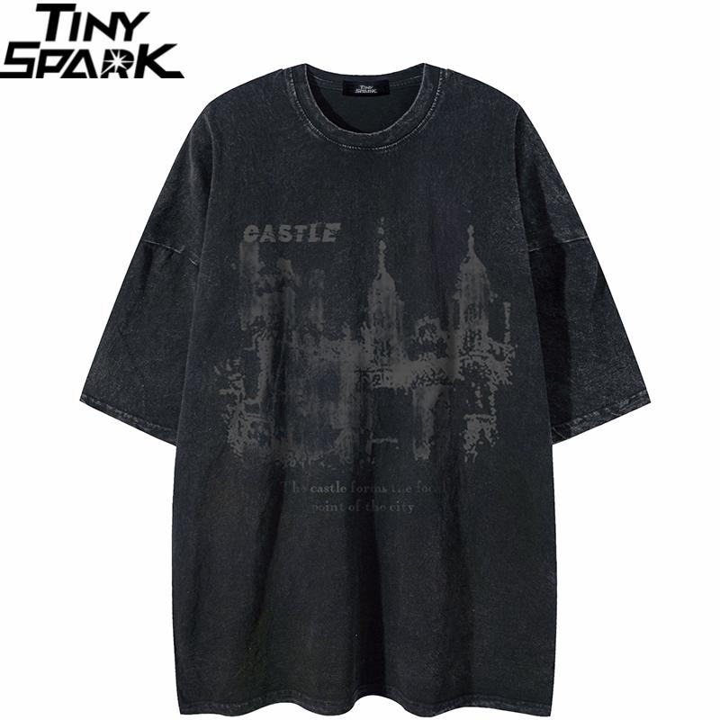 Streetwear Retro Washed Black Tshirt Castle Graphic Vintage Print Hip Hop Loose T Shirt Men Cotton TShirt Hipster Tops Tee