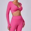 Long Sleeve Workout Tops for Women Twist Front Deep V Neck Cropped Athletic Top Yoga Pilates Gym Outfit