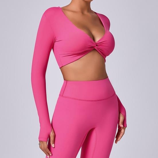 Long Sleeve Workout Tops for Women Twist Front Deep V Neck Cropped Athletic Top Yoga Pilates Gym Outfit