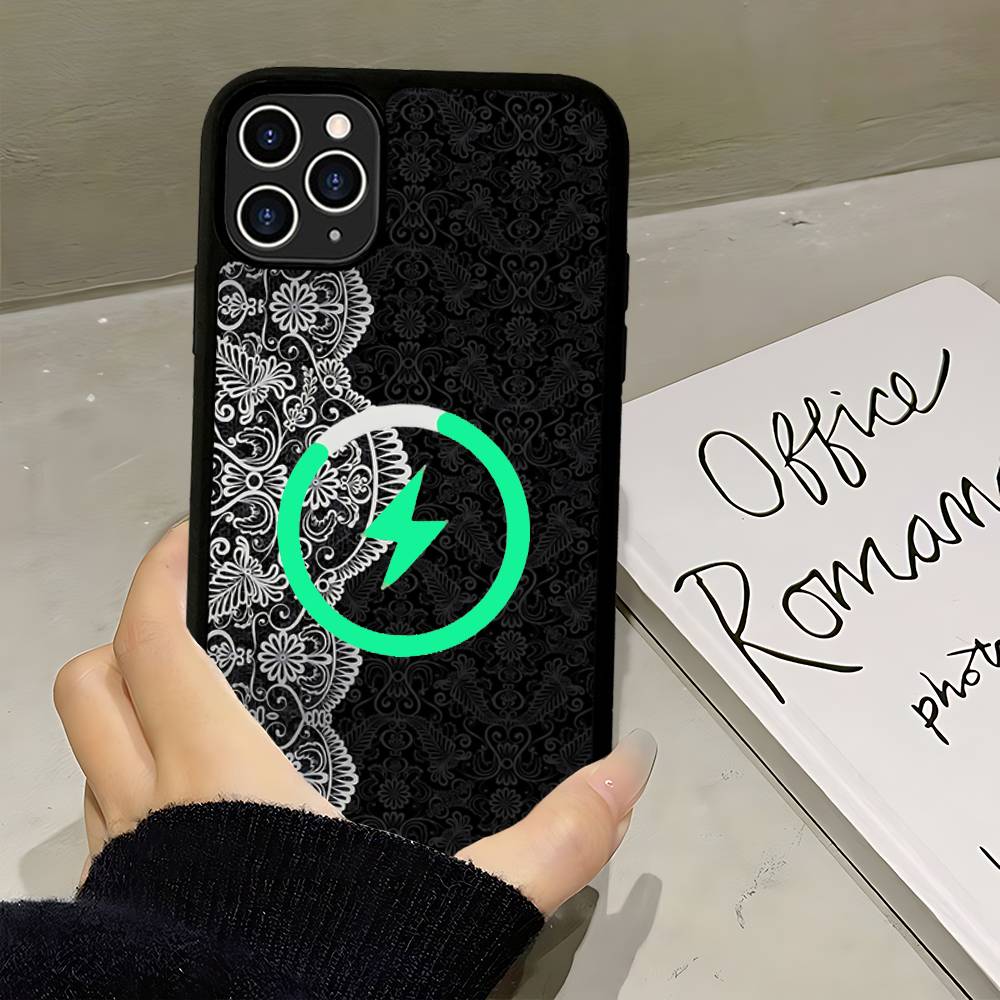Black Lace Pattern Personalized Mobile For Magsafe Magnetic Case For IPhone17Air 16 15 14 13 12 11Pro Max Plus Wireless Charging