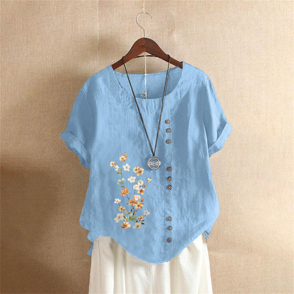 T-shirt Estiva Oversize in Cotone e Lino a Maniche Corte, Abbigliamento Donna Oversize Stampato in Cotone e Lino