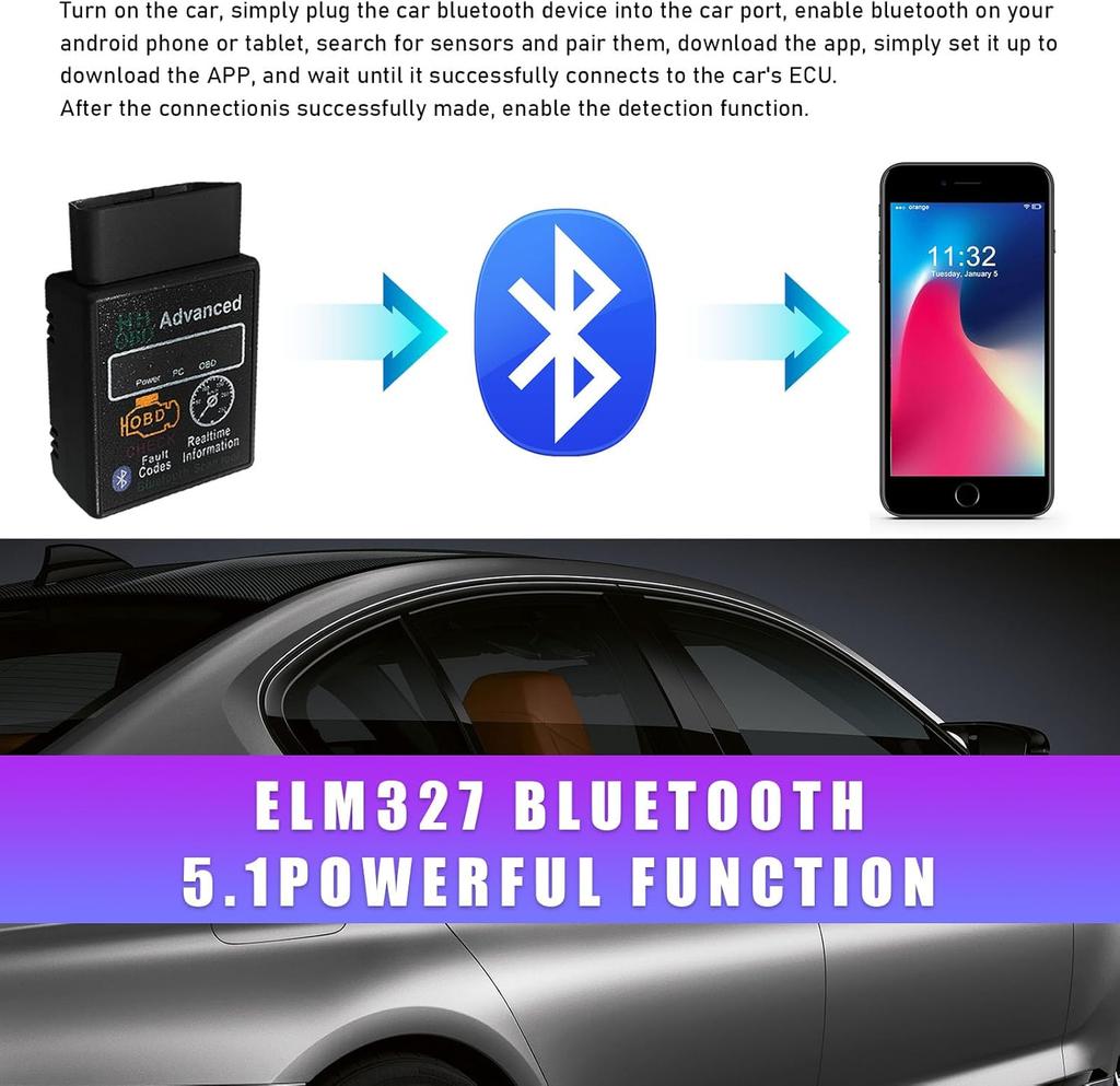 Bluetooth OBD2 Scanner, Wireless Code Reader & Check Engine Diagnostic Tool for iOS/Android/Windows
