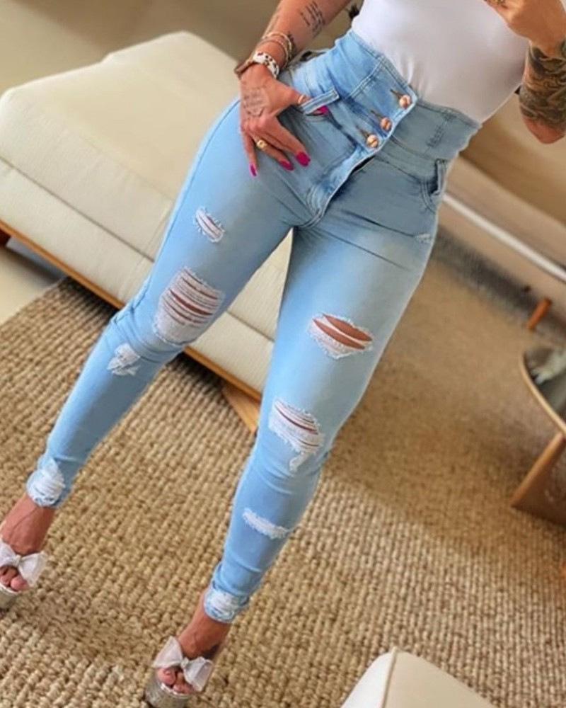 2022 Schlanke High-Waist Ripped Skinny Jeans S hellblaue