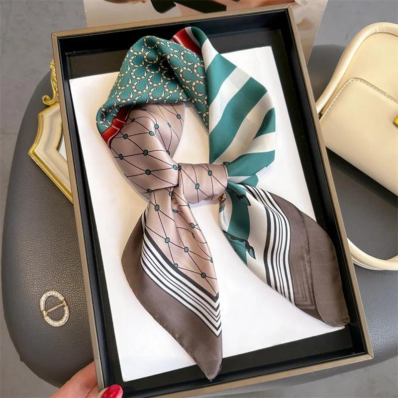 Women Luxury Design 70*70cm Horse Print Silk Square Scarf New Soft Satin Hairband Neckerchief Ribbon Hijab Headband Foulard Gift