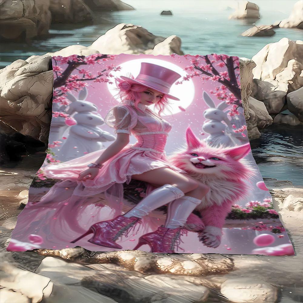 Whimsical Pink Wonderland Throw Blanket - Soft Cozy Fleece Featuring Enchanting Pink-Haired Woman, Fluffy Pink Cat, And Cherry B