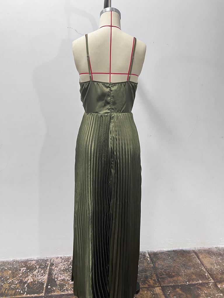 European Style Pleated Spaghetti Strap Dress - Women's Pine Smoke Ink Drop-Waist Long Dress
