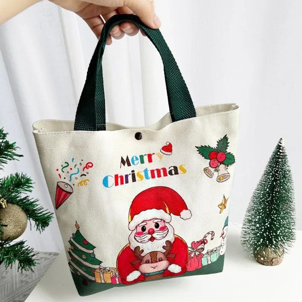Christmas Gift Bag Canvas Handheld Cartoon Santa Xmas Tree Elk Design for Natal Navidad New Year 2026 Party Favor