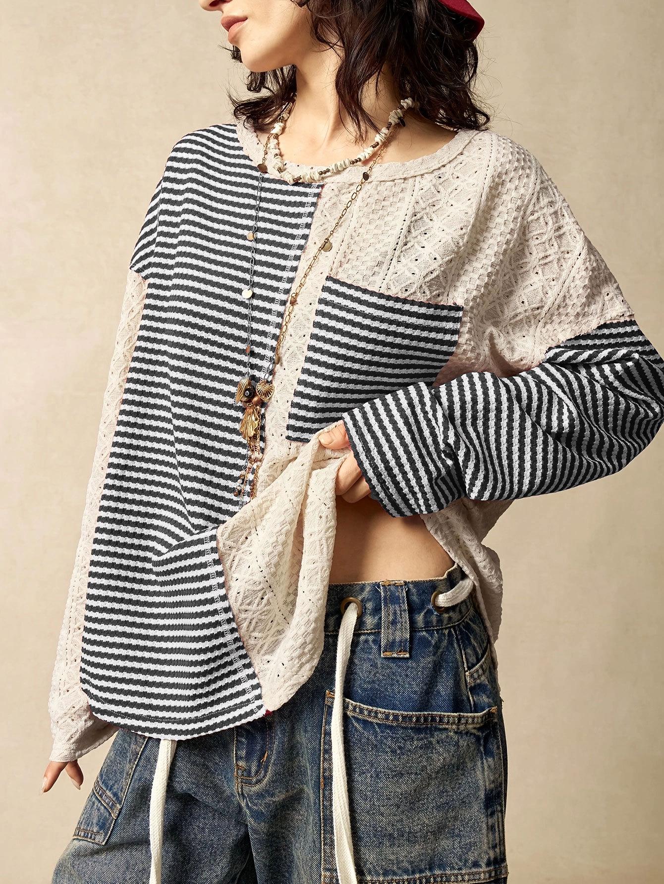 

2026 Plus Size European & American Stripe Patchwork Frayed Pocket T-shirt 4XL чорний