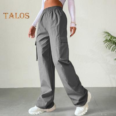 Pantaloni cargo da donna con elastico in vita, gamba larga, tinta unita, pantaloni casual da jogging, pantaloni della tuta con tasca laterale con patta