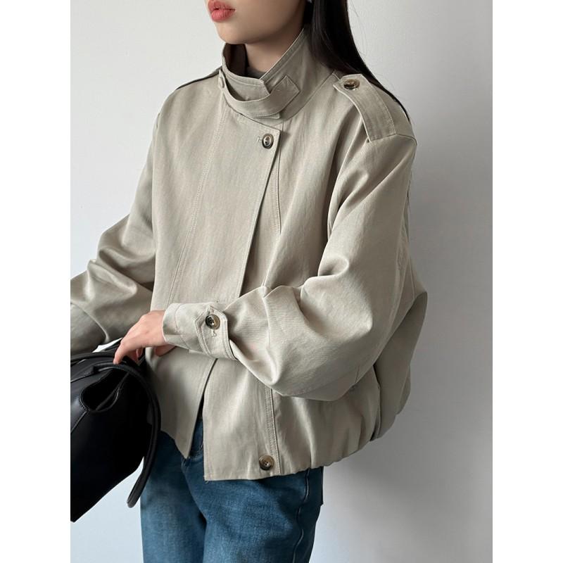 Womens Korean Style Stand Collar Loose Trench Coat Lightweight Casual Outerwear In Beige Gray Taupe
