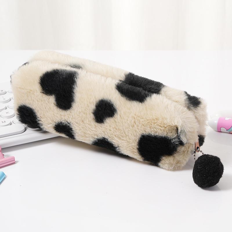 Leopard Heart Plush Pencil & Makeup Bag for Students