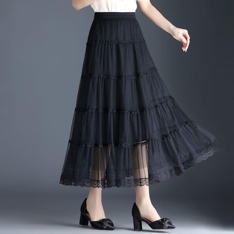 Mesh Half Skirt Autumn Half Skirt Lace Lace Long Skirt A-line Pleated Cake Skirt