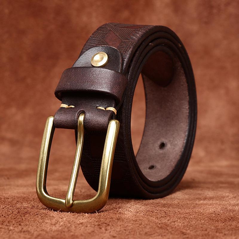 Belt Men's Diamond Laser Engraving Embossed First Layer Cowhide Leather Personality Trend Niche Casual Pin Buckle Belt