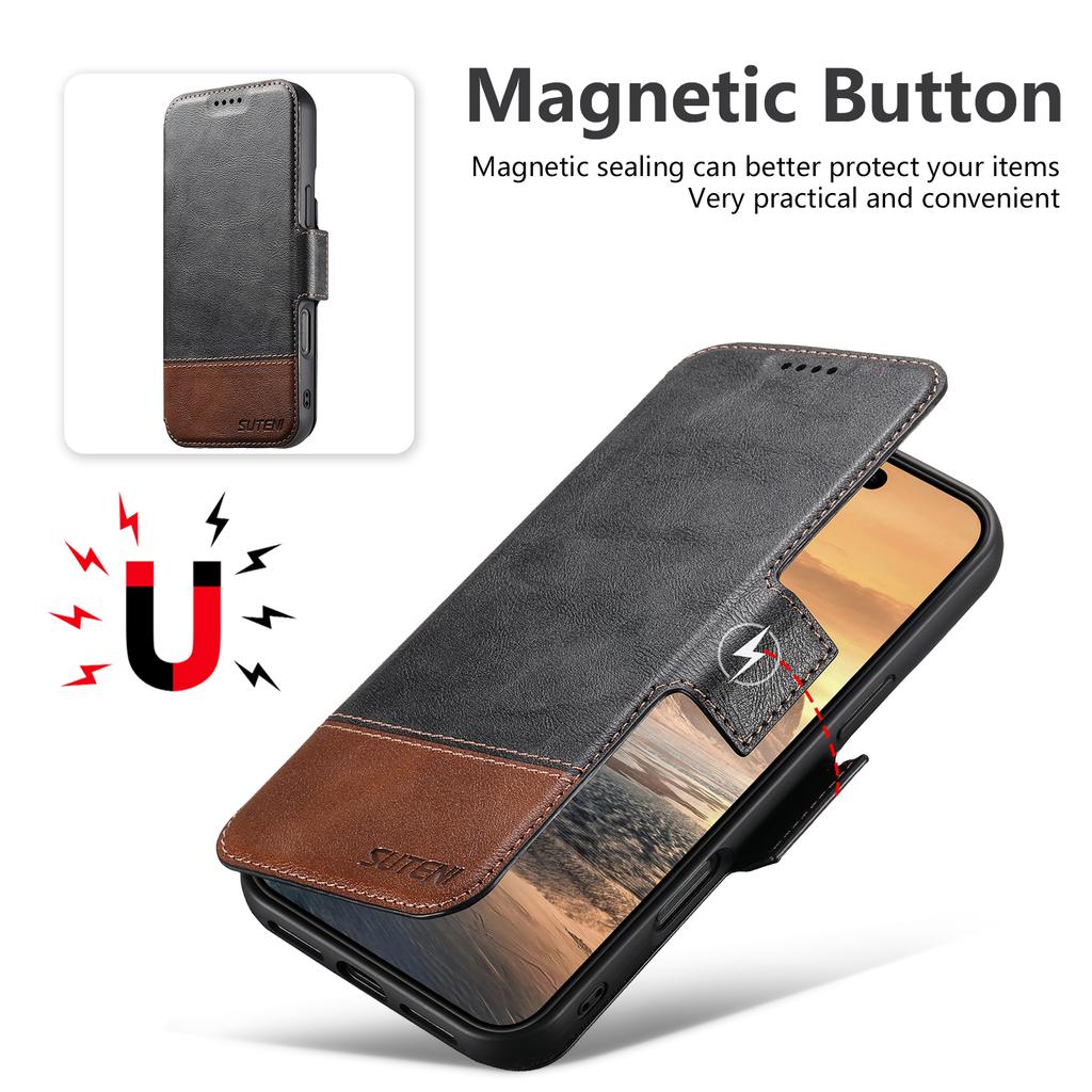 SUTENI Q-06 For iPhone 16 Case Color Splicing Magnetic Detachable Leather Phone Cover