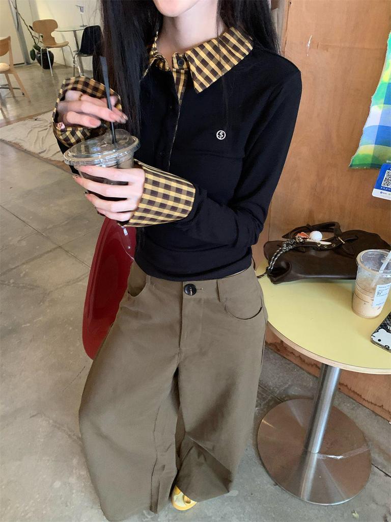 Kariertes Polo-Kragen Spleiß-Faux-Zweiteiler Langarm Slim Fit Gestricktes Damen-T-Shirt für Frühling und Herbst