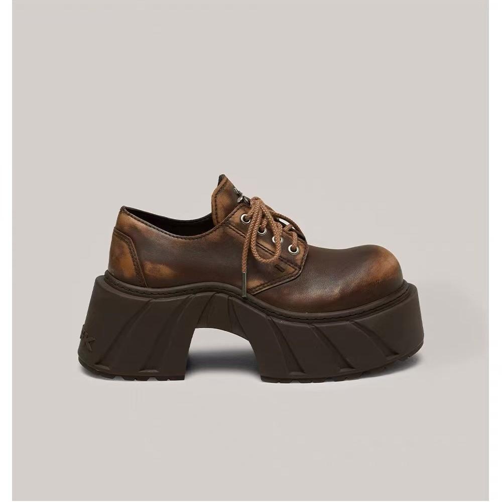 New Women's Leather Round Head High-heeled Single Shoes Retro High-heeled Thick-soled Heightening Lace-up Shoes