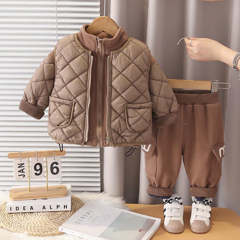 Boys' 3-piece long sleeved set, 0-5 years old Children's warm vest+stand collar thick top+casual pants, Boys' fashionable set