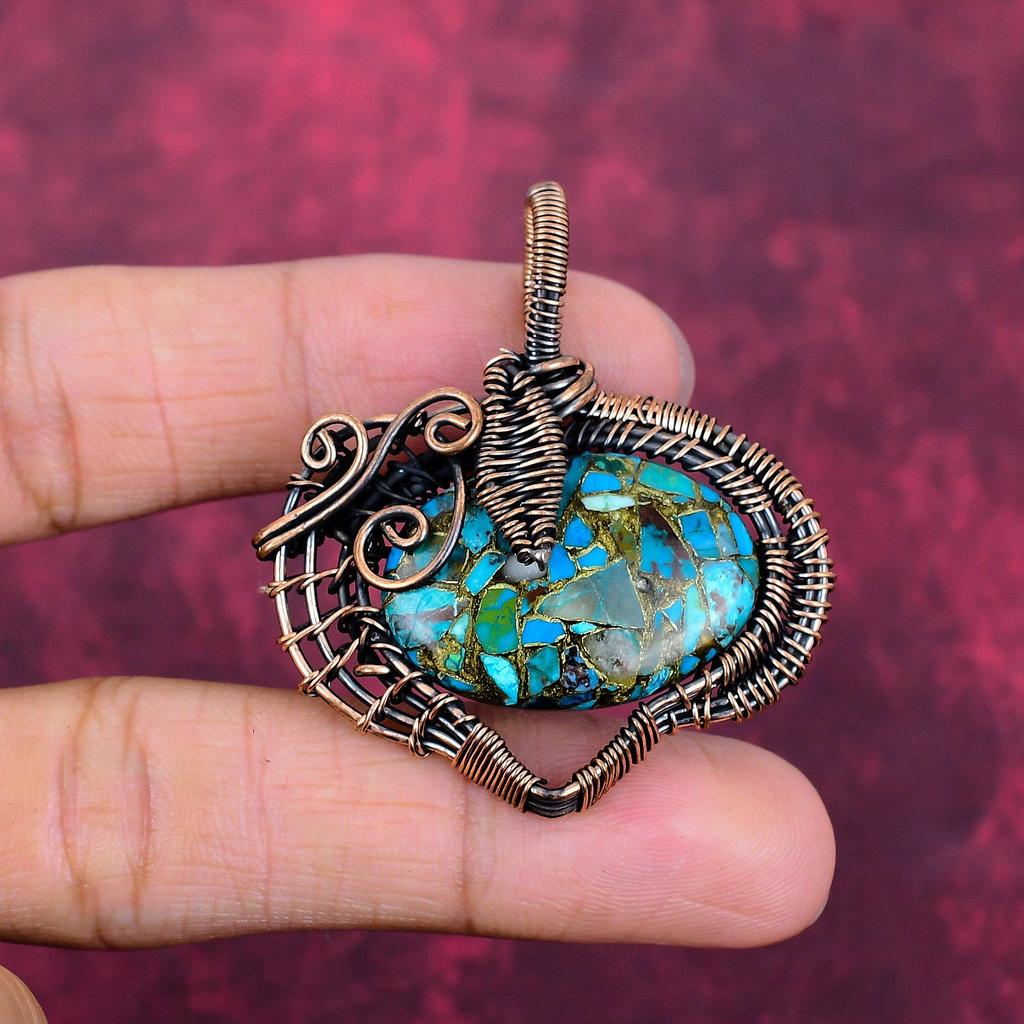 Copper Chrysocolla Gemstone Pendant Handmade Jewelry Copper Wire Wrapped Pendant