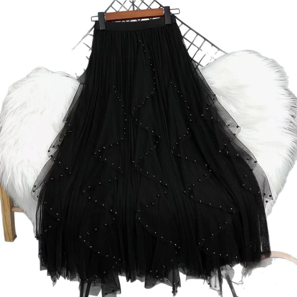 Women's Beaded Mesh High Waist A-Line Skirt - Spring/Summer Korean Style with Irregular Hem and Good Drape