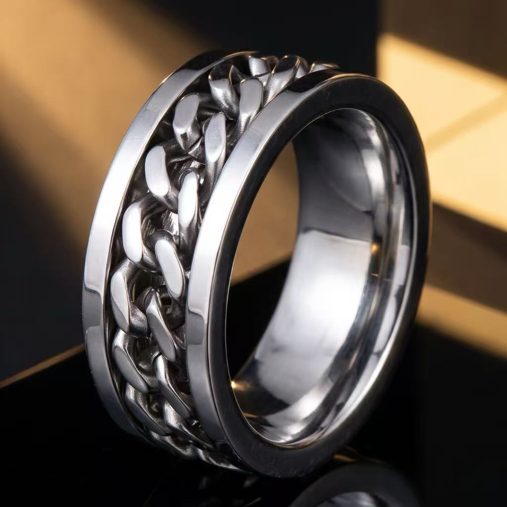Boys Fashionable Stainless Steel Ring Does Not Fade Ins Wind Chain Rotation Rotation Decompression Titanium Steel Ring Element Ring