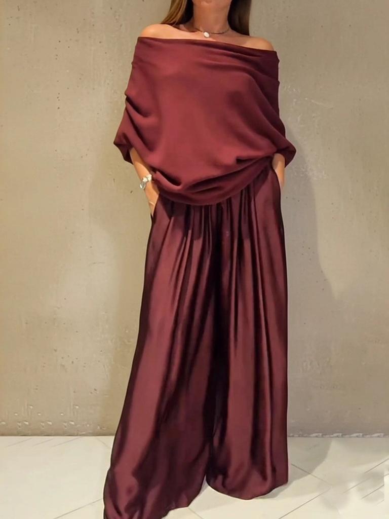 New Elegant Off-Shoulder Top & Wide-Leg Pants Two-Piece Set Outfit