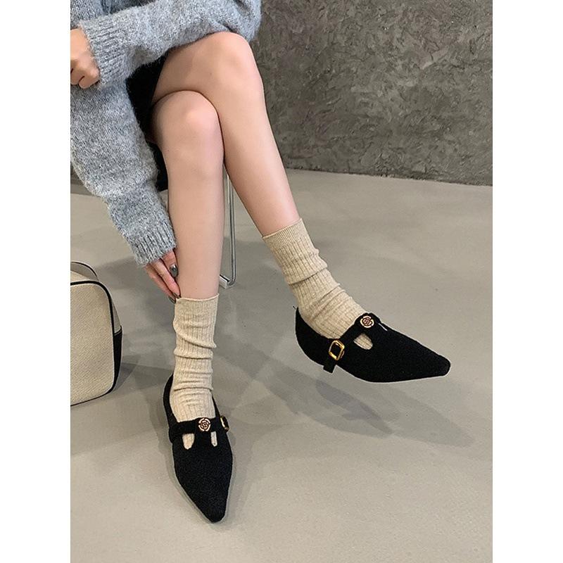 Pointed shoes fleece single shoes 2025 autumn and winter heightening shoes flat shoes shallow mouth Mary Jane shoes