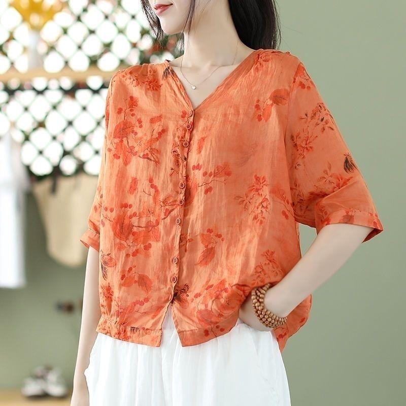 Summer Women Cotton Linen Vintage Shirt Top Ladies V Neck Print Tops Casual Loose Slim Half Sleeve Shirt