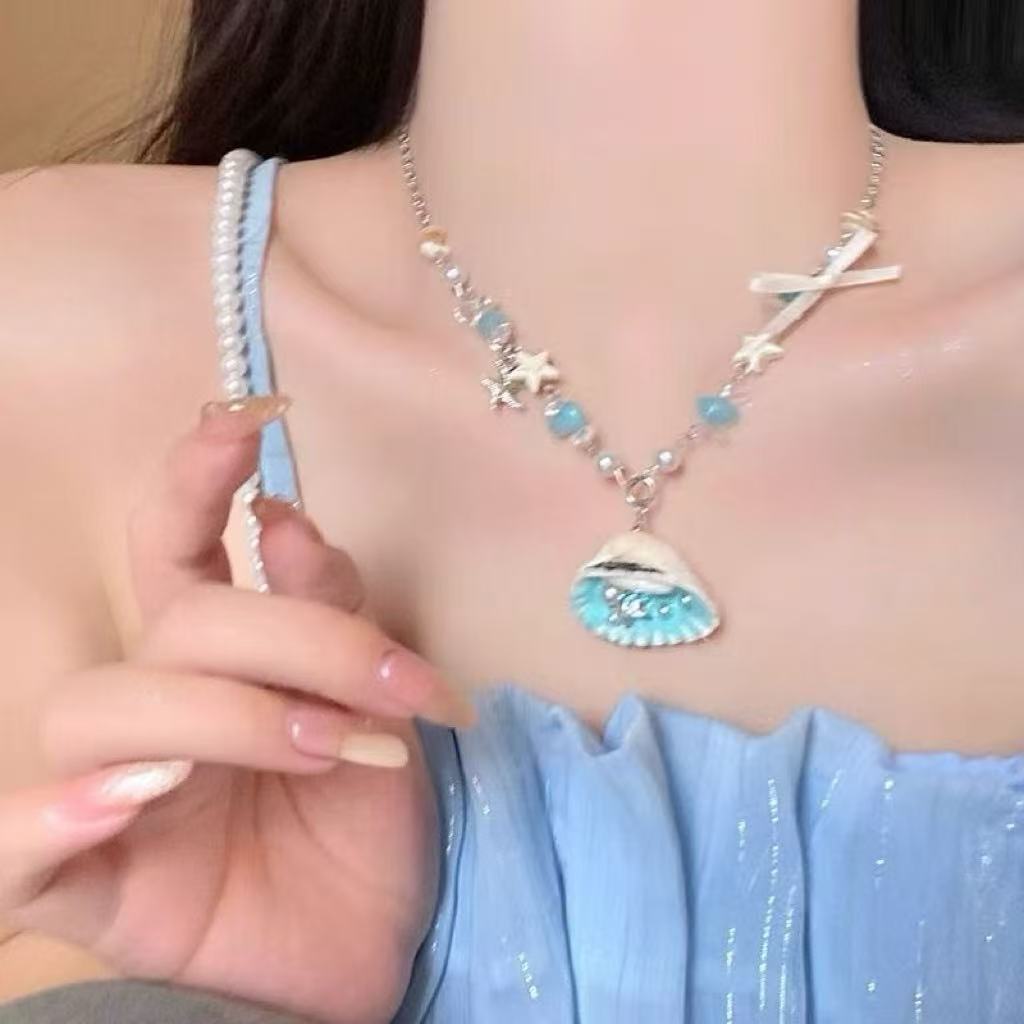 Seaside vacation wind cute pearl shell starfish beaded necklace female ins fairy niche men collarbone chain accessories