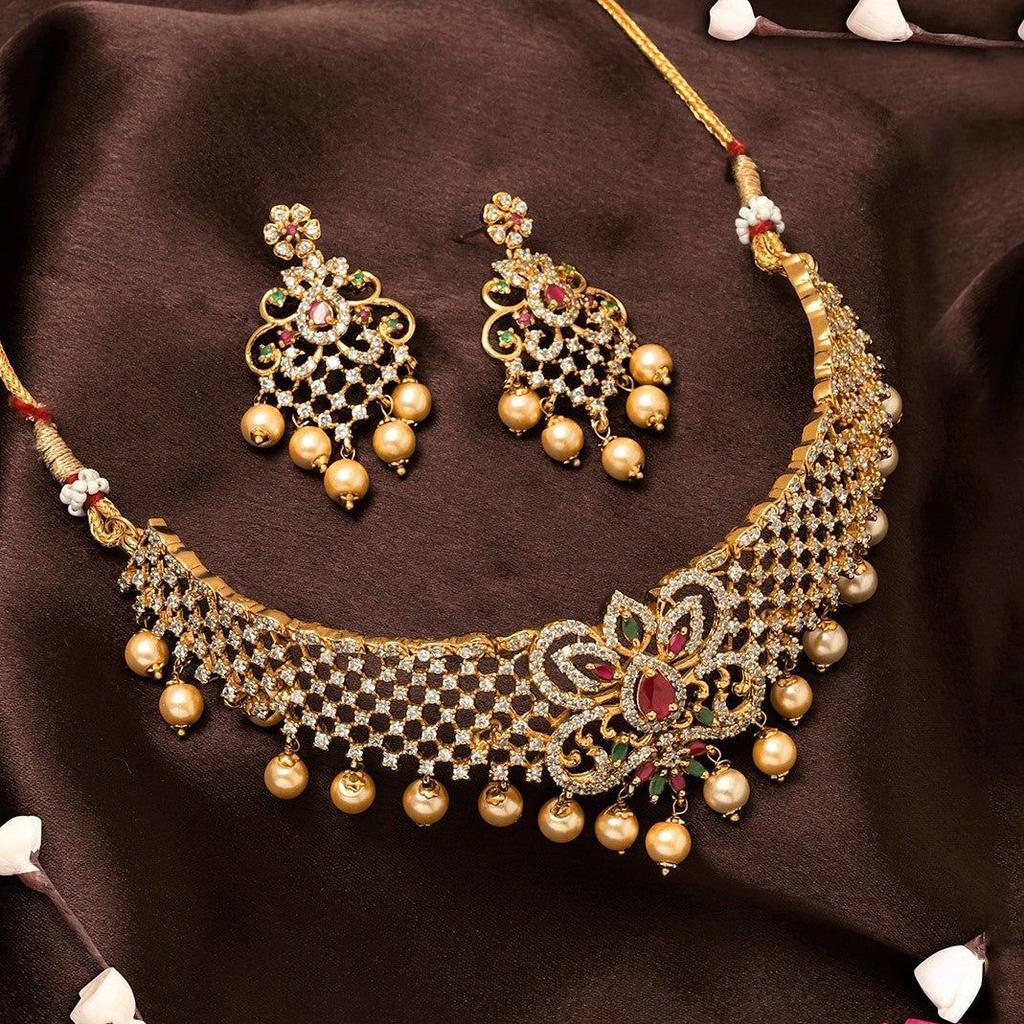 Estelle Gold Plated Elegant Wedding Necklace Set with CZ, Colored Stones and Pearls