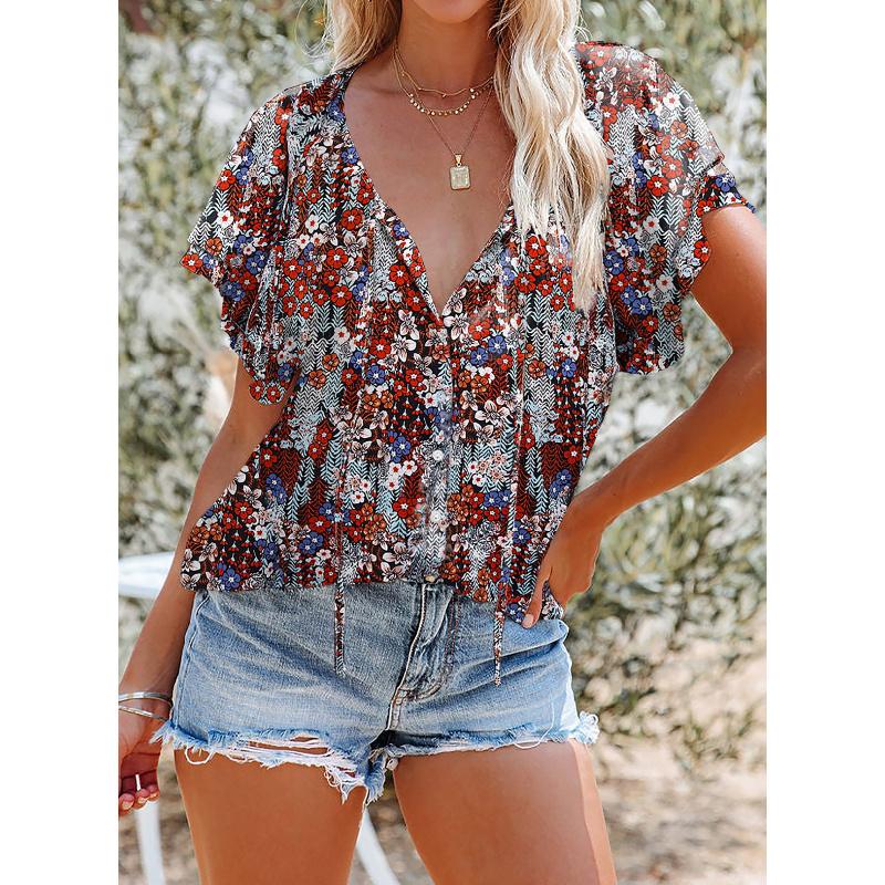 2026 New Printed Women's Summer V-Neck Half-Open Short-Sleeve Loose Casual T-Shirt