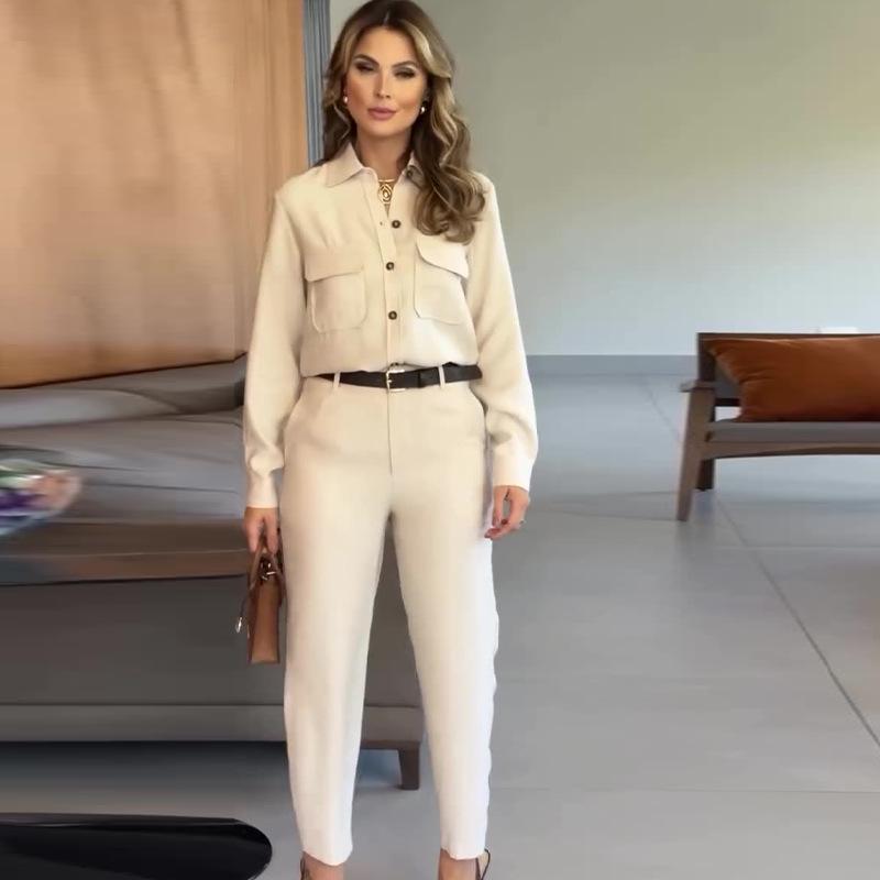 

2024 Осень Однотонный Топ с Лацканами и Универсальный Комплект Брюк Прямого Кроя XS белый