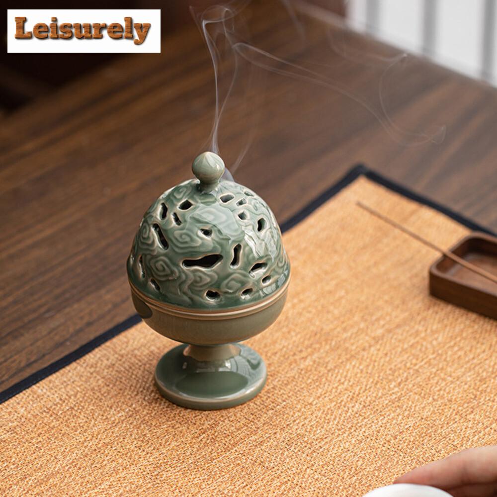 Arzător de tămâie ceramic antic verde prună chinezesc pentru aromaterapie de interior suport tămâie lemn de santal accesorii ceremonie ceai