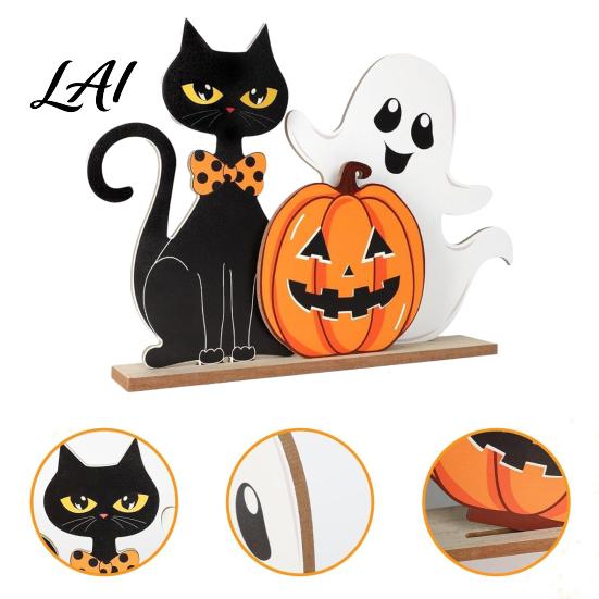 Holiday Window Display Items Halloween Table Decor Wooden Black Cat Ghost Pumpkin Decorations Indoor Cute Compact Festive Ornaments Gifts Room Decor