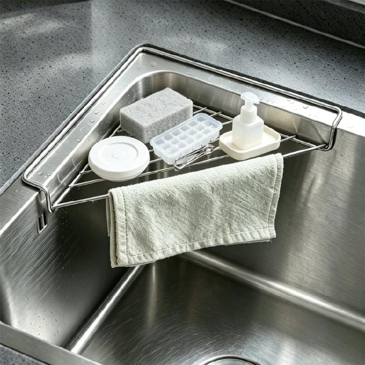 Sponge and Dish Cloth Holder Sink Rack Stainless Steel Corner Drain Shelf with Triangular Shape, Open Wire Organizers for Kitchen Sink Corner Use