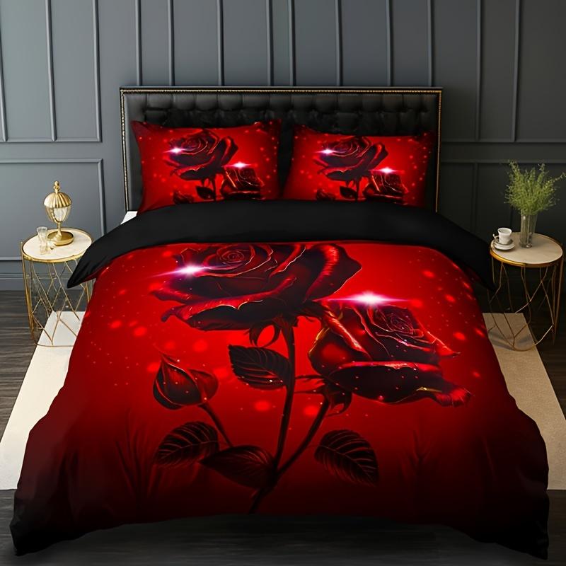3pcs Red Rose Floral Duvet Cover Set WIth Pillowcases High-Definition Printed Bedding Sets No Filling Queen Size For Girls Room