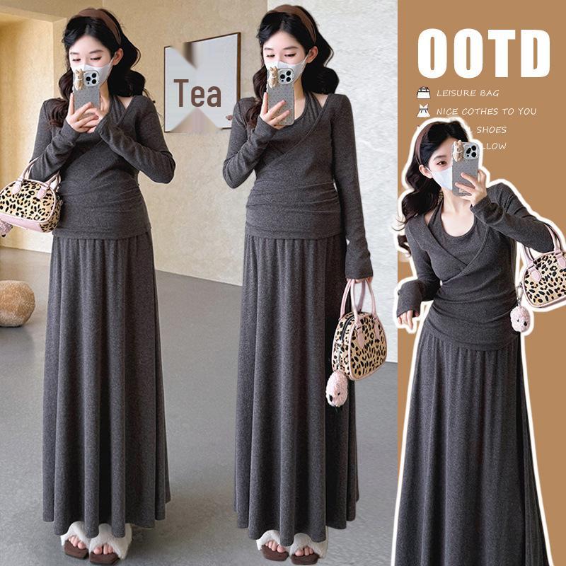 2026 Spring Maternity French Two-Piece Set: Elegant Long-Sleeve Top & Skirt M
