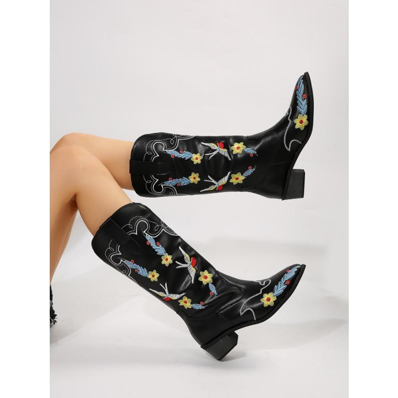 Women's Tall Riding Boots Autumn and Winter New Mid-Heel Martin Boots Women's Pointed Embroidered Boots