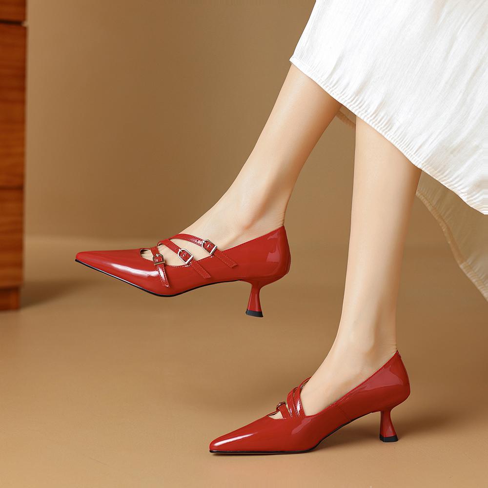 Genuine Leather Black Red Women Pumps High Stiletto Heel Small Big Size 31 47