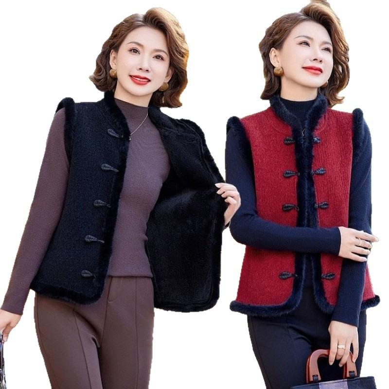 Autumn and winter Chinese vest vest stand-up collar buckle velvet vest middle-aged thickened old lady warm jacket