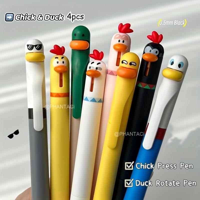 4pcs Duck And Chick Gel Pen Creative Duck Rotate Gel Pen Chick Press Gel Pen 0.5mm Black Writing Pen Office Supplies Small Gift