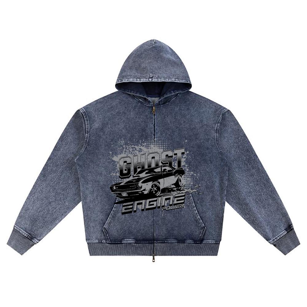 

DTG print Knitted Denim Zip-Up Hoodie Ghost Engine Power Brother Print Zipper Hoodies XL темно-синий