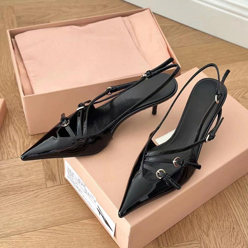 Temperament 2025 new baotou patent leather one-word buckle with cat heel sandals female sexy black silk pointed stiletto high heels