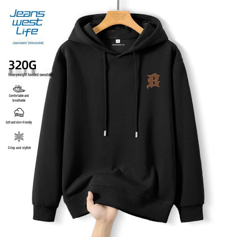 JEANSWEST LIFE Men's Loose-Fit Hooded Sweatshirt with Leather Letter Patch