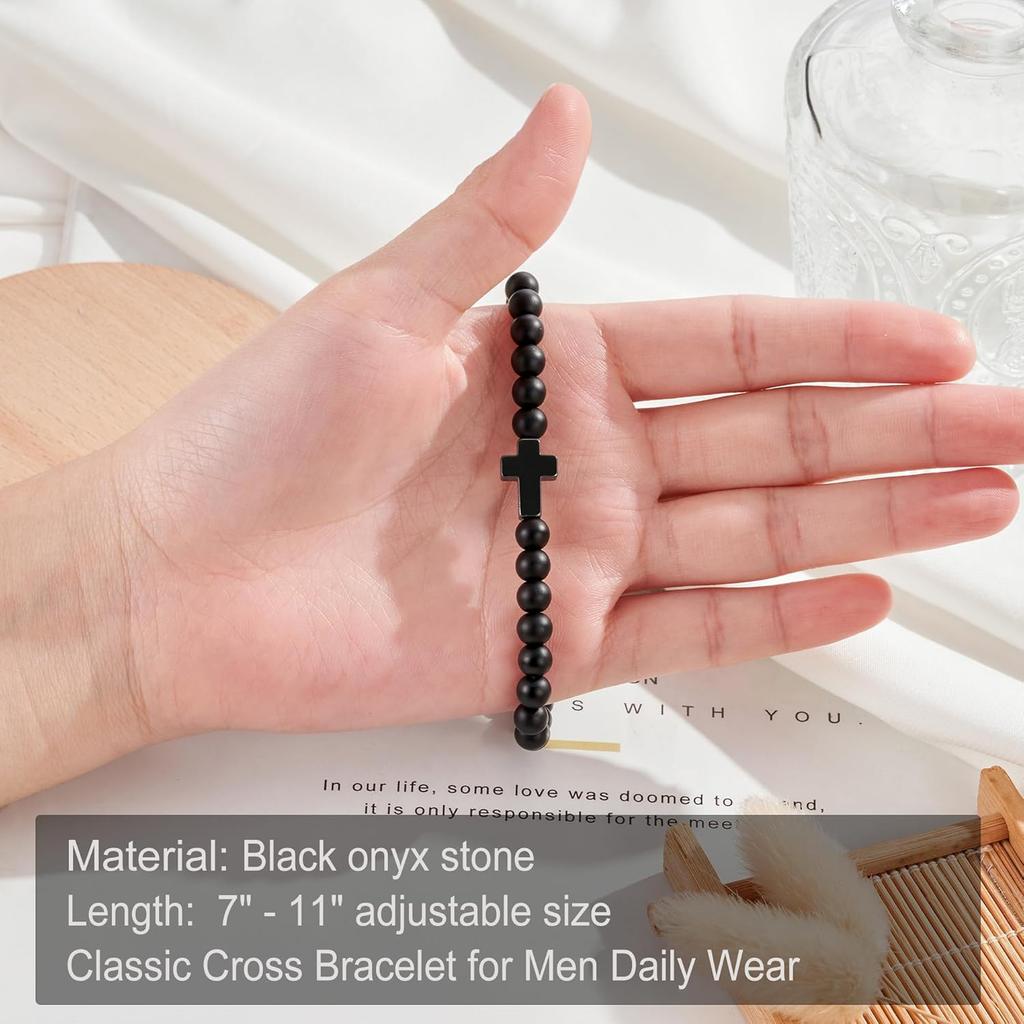 Black Onyx Stone Cross Bracelet for Men Teens Boys, Cross Jewelry Christian Gifts for Easter, Christmas, Birthday, Religious